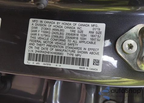 2019 Honda Cr-V Ex-L z USA, uszkodzony, nr VIN 2HKRW2H81KH608983